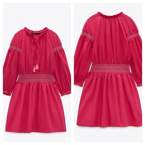 ZARA POPLIN DRESS WITH CONTRAST ELASTIC TRIM pink size XS NWT - Picture 1 of 11
